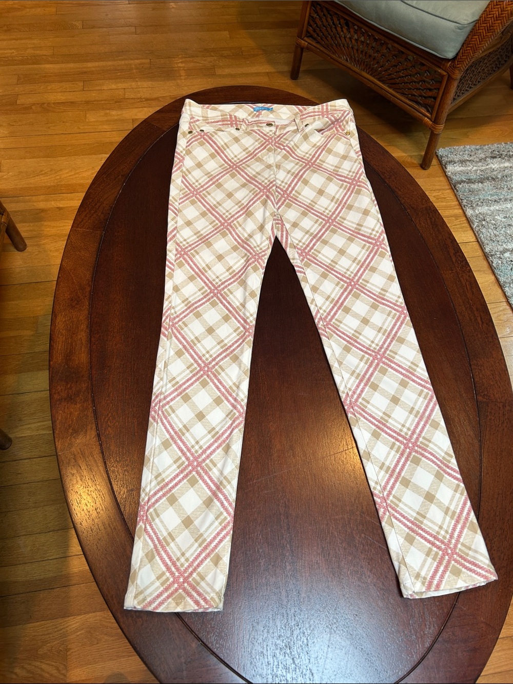 Plaid Skinny Jeans in Pink and Cream